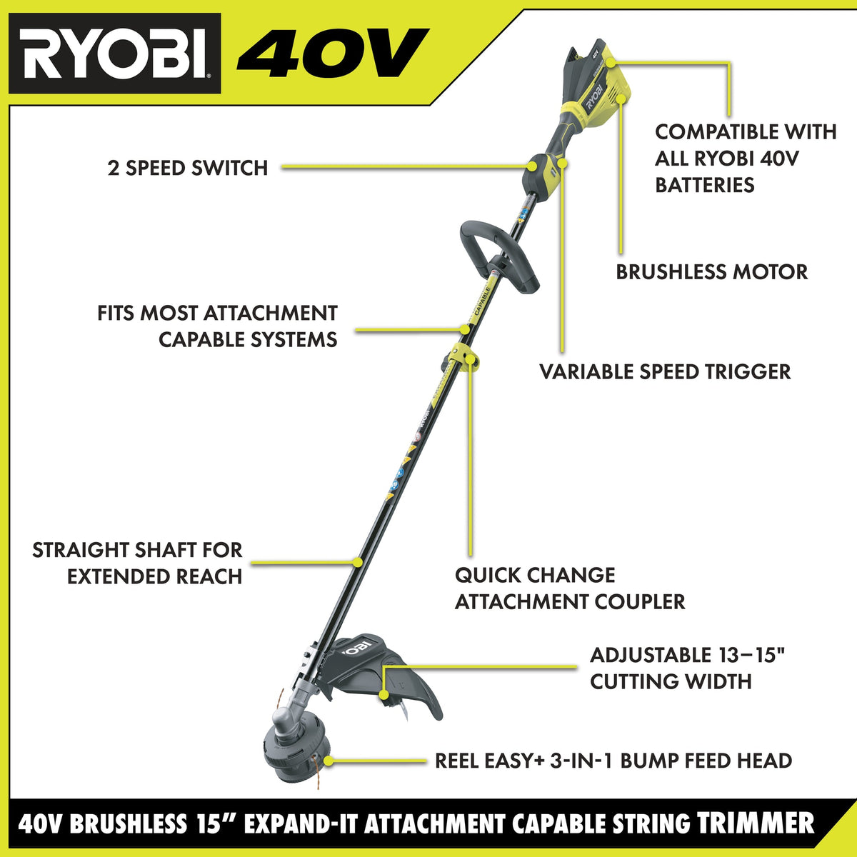 40V BRUSHLESS ATTACHMENT CAPABLE 15" STRING TRIMMER KIT Image 2