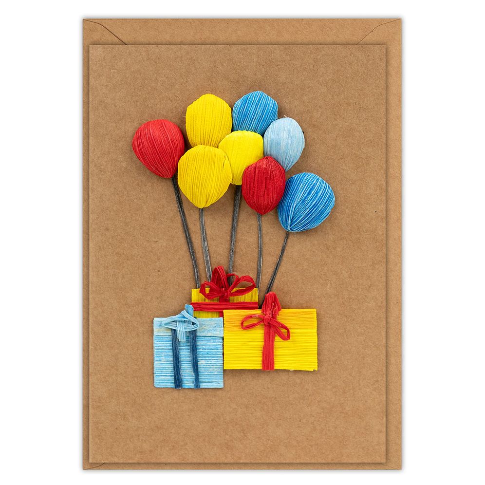 Gifts and Balloons Husk & Heart Birthday Card