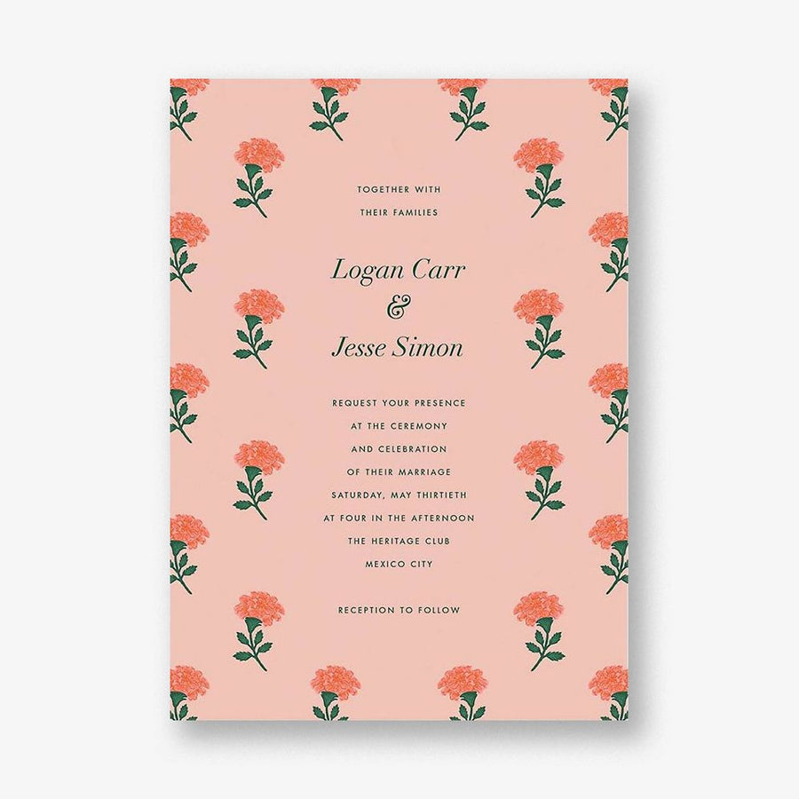 Dianthus Floral Coral Wedding Invitation