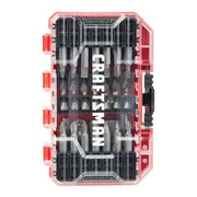 Photo of Craftsman drill bit set CMAF1247 in clear red plastic case, top-down angle, bits organized inside.
