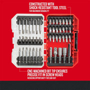 Craftsman screwdriver bit set in red and white case, assorted bits and holders, SKU CMAF1247, top-down angle.