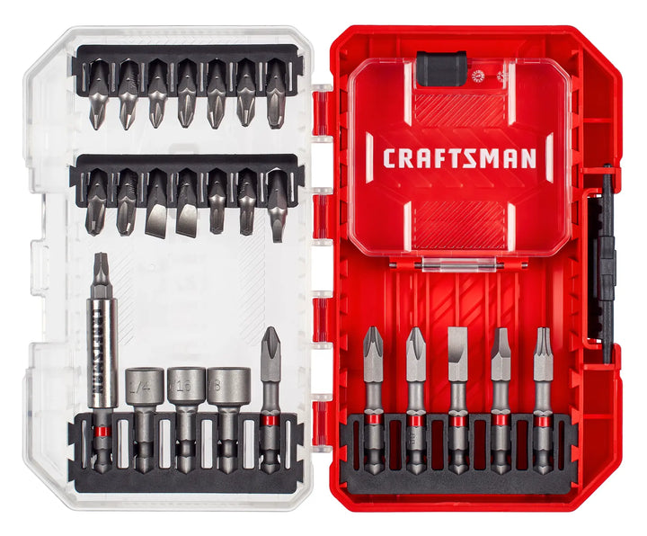 Photo of CRAFTSMAN CMAF25SET screwdriver bit set with 25 pieces, in a red and clear plastic case, shown from above.