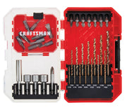 Photo of Craftsman CMAF35SET drill and driver bit set in red case, showing bits, nut drivers, and drill bits, top-down angle.