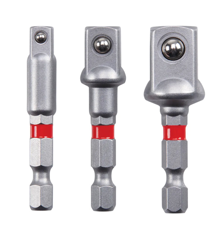Photo of Craftsman socket adapter set CMAFSKTA-3, three silver pieces with red band, front angle, white background.