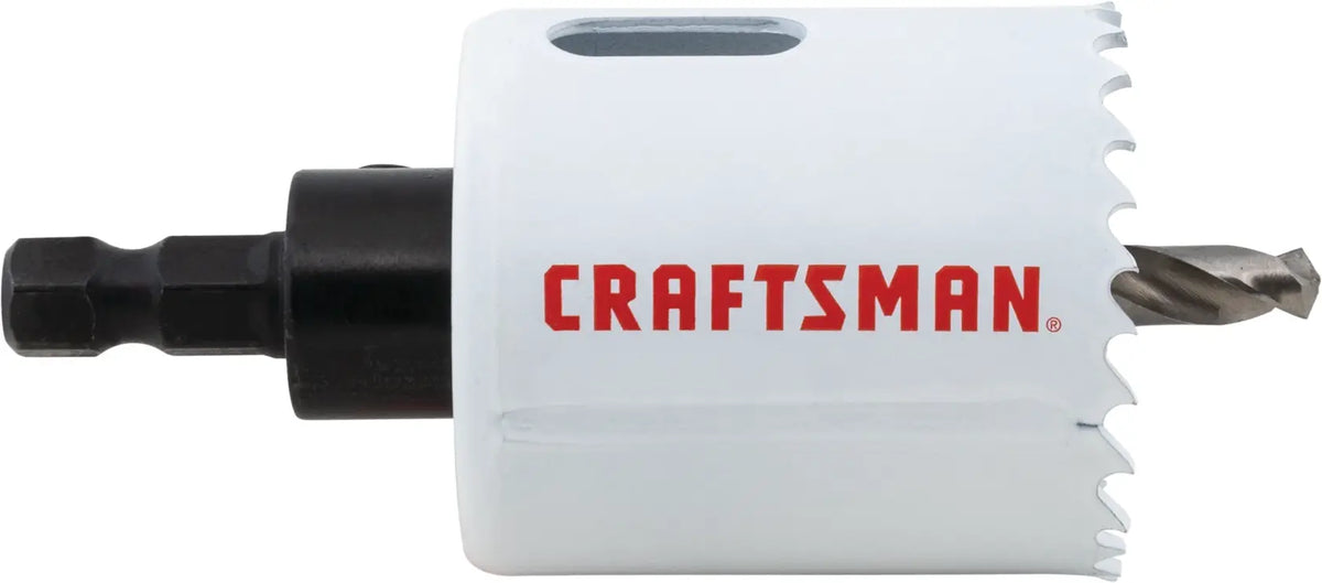Photo of Craftsman hole saw, model CMAH1134A, white body with sharp teeth, side angle on white background.
