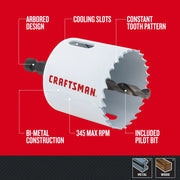 Photo of CRAFTSMAN hole saw CMAH12A, angled view, features include arbores design, cooling slots, constant tooth pattern, bi-metal construction, included pilot bit, and 345 max RPM.