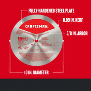 Craftsman 10-inch circular saw blade, 180T, CMAS210180, fully-hardened steel plate, red label, front angle.