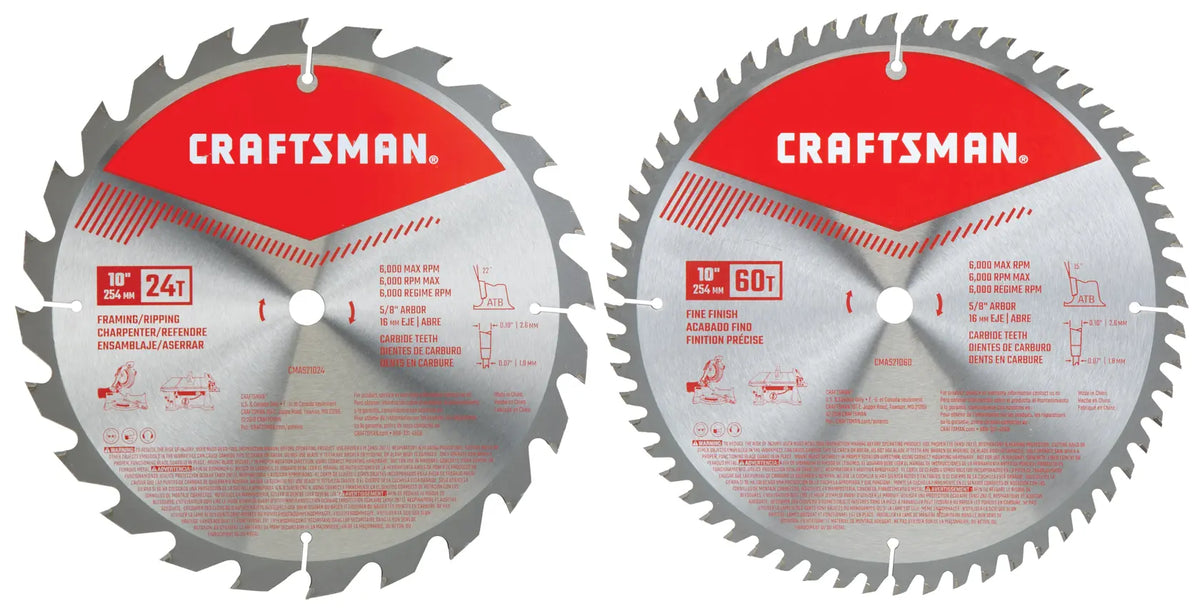 Photo of two Craftsman 10-inch circular saw blades, SKU CMAS210CMB; 24T for framing, 60T for fine finishing, front angle.