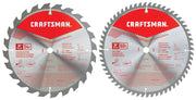 Photo of two Craftsman 10-inch circular saw blades, SKU CMAS210CMB; 24T for framing, 60T for fine finishing, front angle.