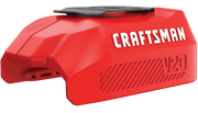 Photo of Craftsman V20 battery cover, SKU CMCB002B, in red plastic with black top, angled on white background.