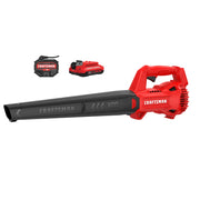 Craftsman cordless leaf blower with battery and charger, red and black, side view, CMCBL710D1.
