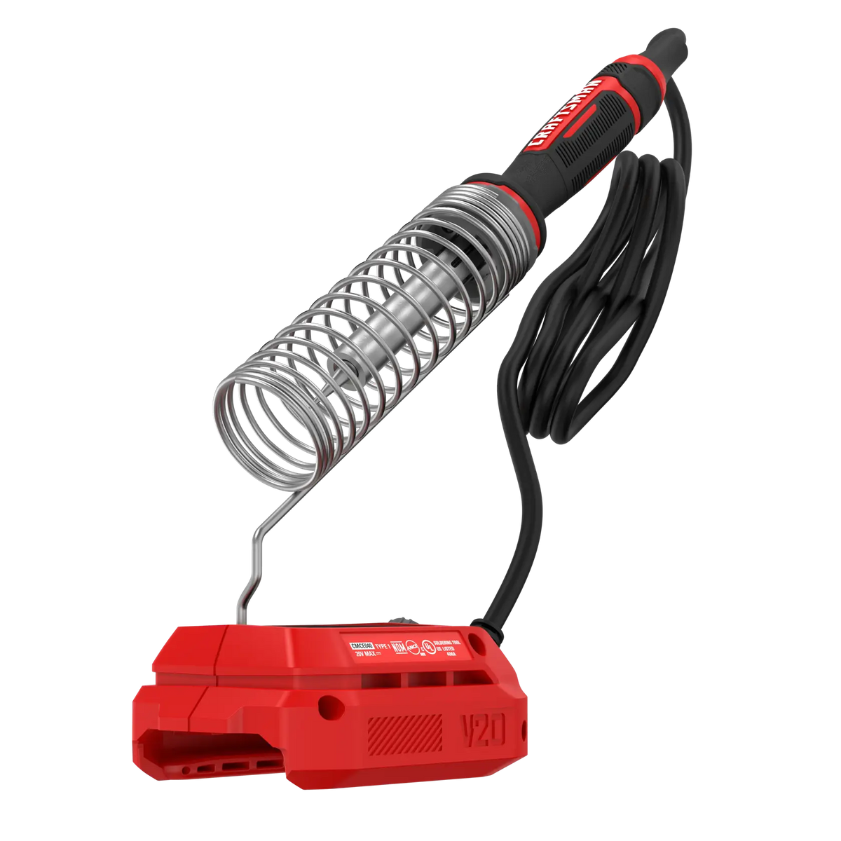 Photo of Craftsman soldering iron CMCE040B with red base, black handle, and coiled metal holder, angled view.