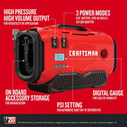 Photo of Craftsman portable inflator CMCE520B, red body, digital gauge display, side view, on-board accessory storage.