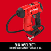 Craftsman tire inflator CMCE521B, red and black, side angle, with 21 inch hose visible.
