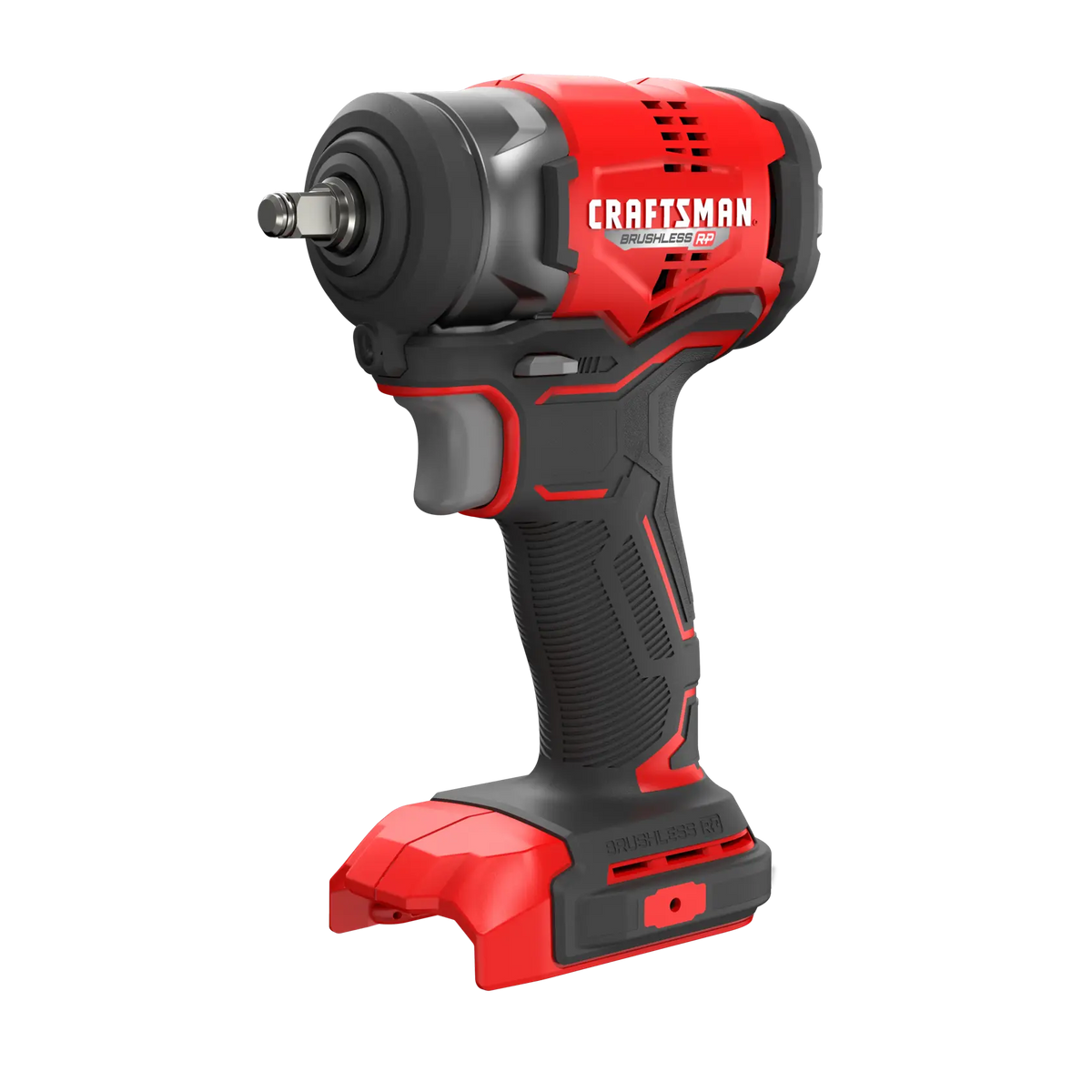 Photo of CRAFTSMAN cordless impact wrench, red and black, front left angle, SKU CMCF911B.