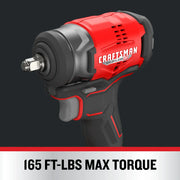 Craftsman brushless cordless impact wrench CMCF911B, red and black, front angle, 165 ft-lbs max torque.