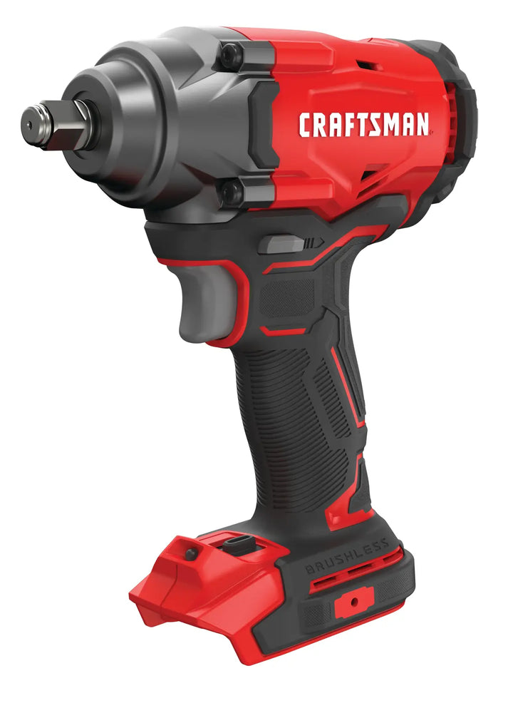 Photo of Craftsman brushless cordless impact wrench, SKU CMCF920B, side angle on white background.