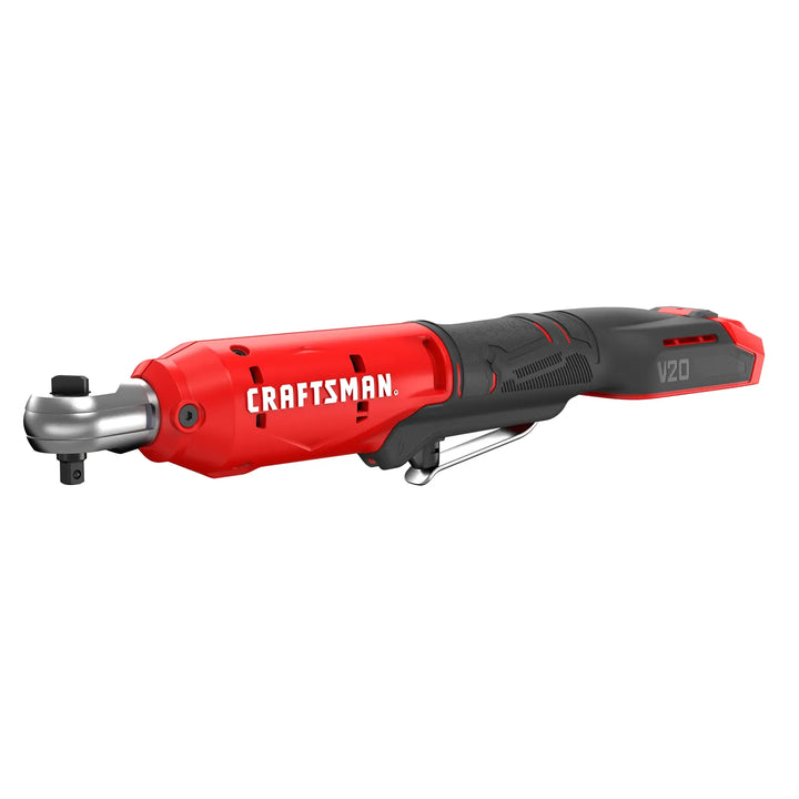 Photo of Craftsman cordless ratchet tool CMCF934B, red and black, side angle on white background.
