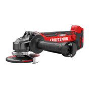 Photo of Craftsman cordless angle grinder, red and black, model CMCG451B, front angle on white background.
