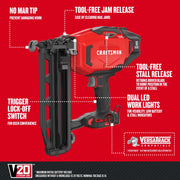 Photo of Craftsman CMCN616B 16 gauge cordless nailer with red and black body, shown from side on white background; features labeled include no mar tip, tool-free jam release, tool-free stall release, dual LED work lights, trigger lock-off switch, and VERSATRACK compatibility.