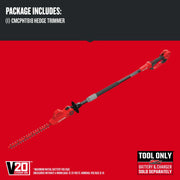 Photo of Craftsman V20 hedge trimmer CMCPHT818B, red and black, side angle, battery and charger not included.