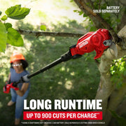 Photo of Craftsman pole pruner CMCPPR320B trimming tree branch outdoors, red tool in use, battery sold separately.