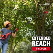 Person using Craftsman pole saw CMCPPR320B to trim high tree branches outdoors, wearing safety gear, with 8-foot extended reach.