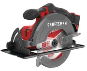 Photo of Craftsman cordless circular saw CMCS500B, 6.5-inch blade, red and black, front angle, on white background.