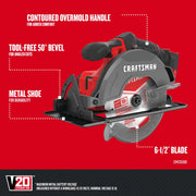 Craftsman cordless circular saw CMCS500B, side angle, features contoured handle, metal shoe, 6-1/2 inch blade.