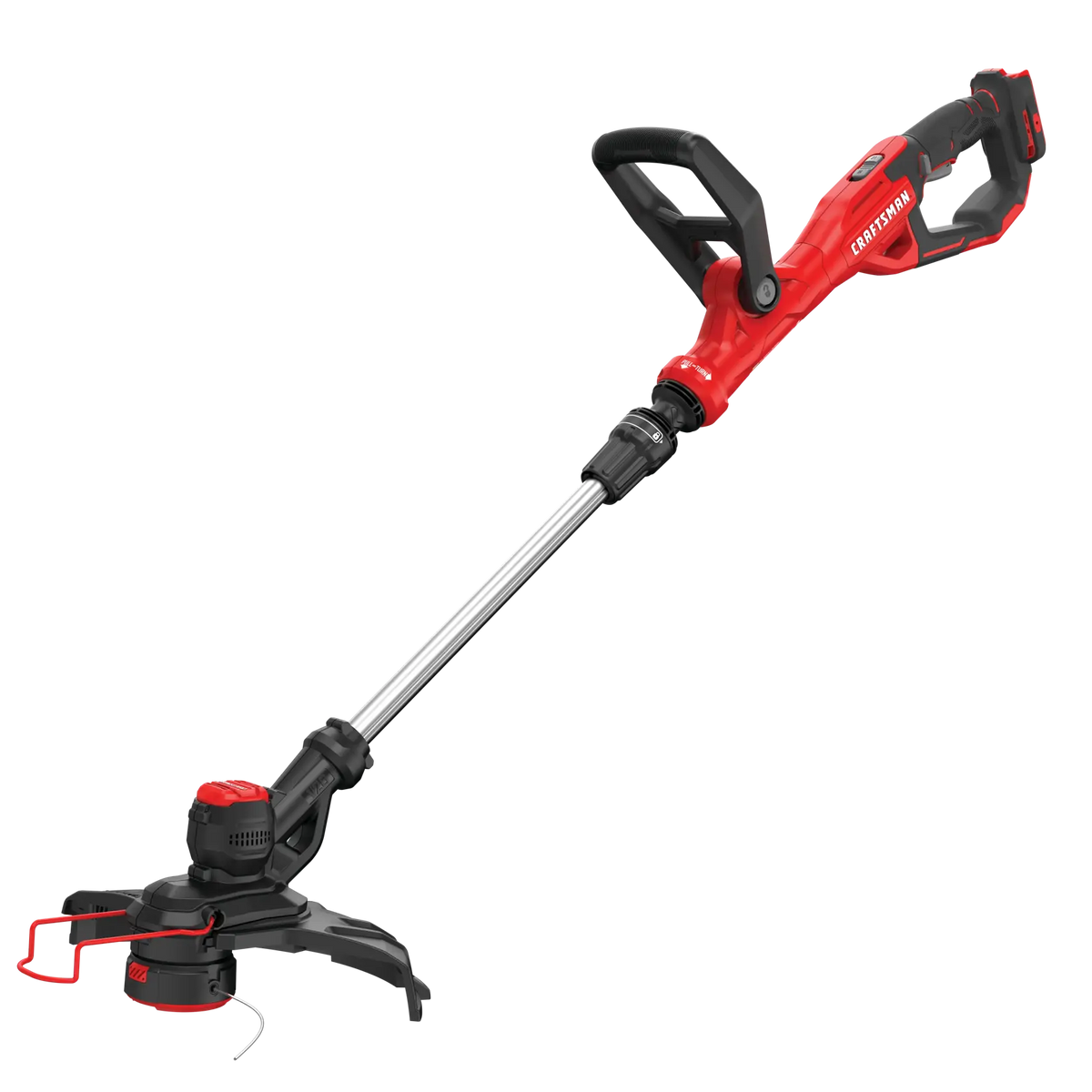 Photo of Craftsman cordless string trimmer, model CMCST900B, red and black, angled view on white background.