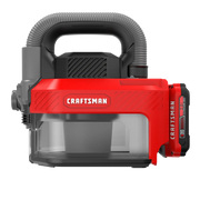 Red and black CRAFTSMAN portable vacuum with handle and transparent dust canister, shown from the front.