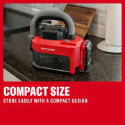 CRAFTSMAN compact cordless vacuum cleaner on a kitchen counter, highlighting its small, easy-to-store design.