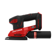 Photo of Craftsman cordless sander, SKU CMCW221B, red and black, side view on white background.