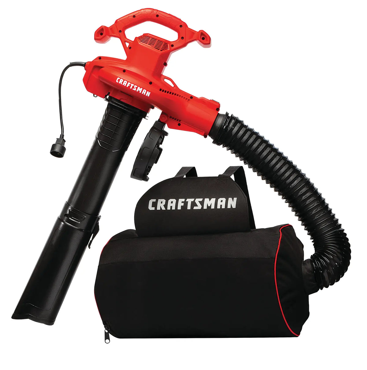 Photo of CRAFTSMAN CMEBL7000 electric leaf blower and vacuum with black collection bag, front angle on white background.