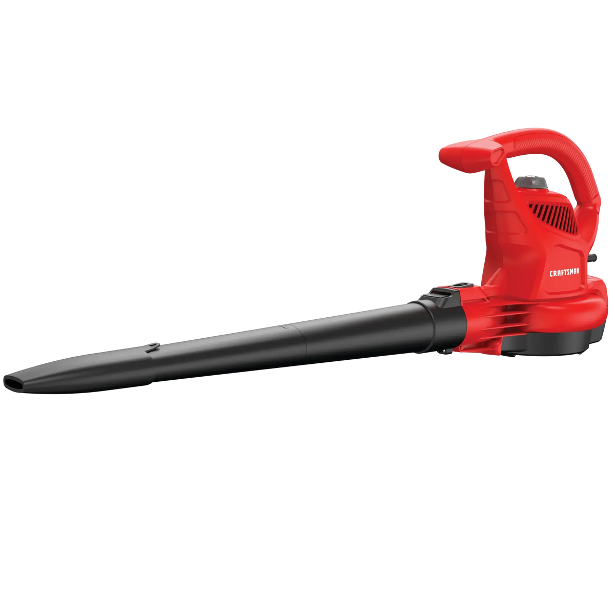 Photo of Craftsman electric leaf blower, red and black, SKU CMEBL700, side angle on white background.
