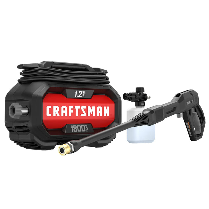 Photo of Craftsman portable pressure washer CMEPW1800 with spray gun and soap bottle, front angle.