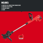 Photo of Craftsman corded string trimmer/edger CMEST913 with red spool, auxiliary handle and guard on red background.