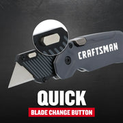 Craftsman utility knife with quick blade change button, graphite handle, SKU CMHT10350, front angle.