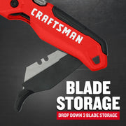 Photo of CRAFTSMAN red utility knife with drop down blade storage feature, model CMHT10353.