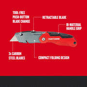 Photo of Craftsman folding utility knife CMHT10932, red and black handle, retractable blade, shown from the side on white background.