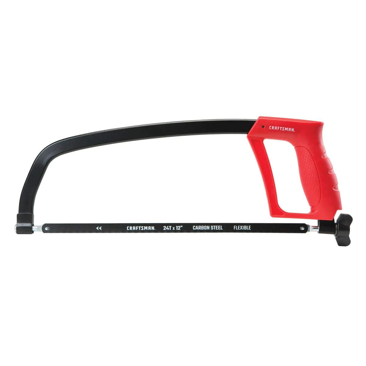 Photo of Craftsman CMHT20138 carbon steel hacksaw with red handle, side angle, white background.