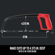 Photo of CRAFTSMAN hacksaw CMHT20138, side angle, showing red handle, 12 inch blade, 4.375 inch cutting depth.