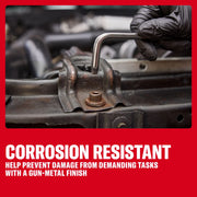 Gloved hand uses an L-shaped tool on a metal bolt. Text highlights corrosion resistance and gun-metal finish.