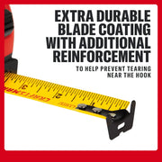 Photo of CRAFTSMAN yellow tape measure CMHT37556S graphics, close-up of reinforced hook and blade coating.