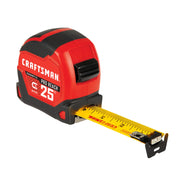 Red and black CRAFTSMAN 25 ft tape measure with yellow magnetic blade extended.