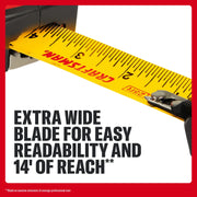 Photo of CRAFTSMAN tape measure CMHT37665S with extra wide yellow blade showing clear markings, side angle.