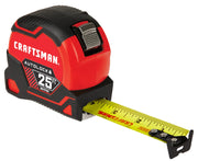 Photo of Craftsman autolock 25 ft tape measure, SKU CMHT37765S, shown at an angled view on white background.