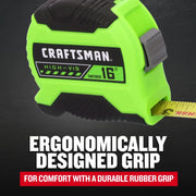 Photo of Craftsman high-vis tape measure, 16 ft, SKU CMHT38216S, with ergonomic rubber grip, front angle.
