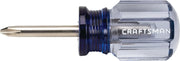 Photo of Craftsman CMHT65003 stubby Phillips screwdriver with a clear blue handle, side view on white background.