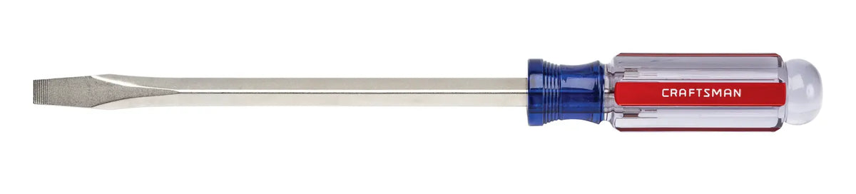 Photo of Craftsman flat head screwdriver CMHT65026 with clear blue and red handle, side angle on white background.